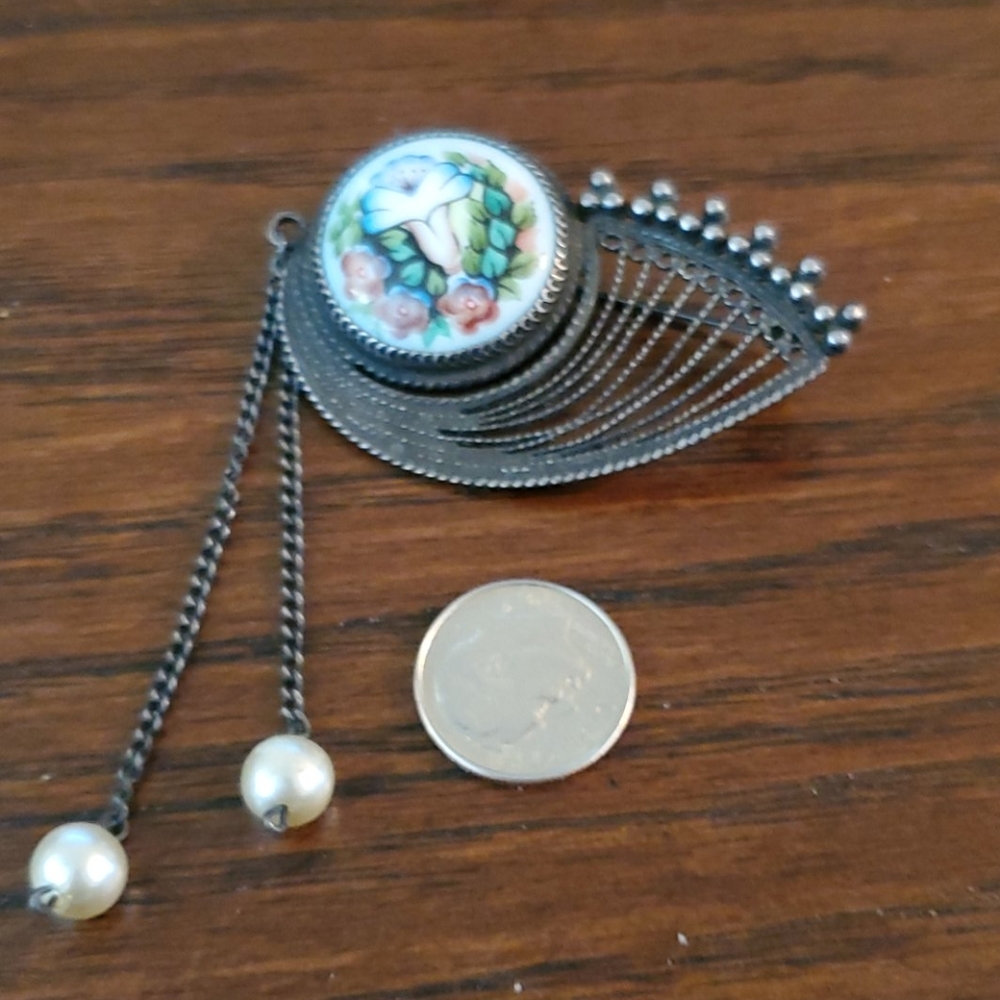 STERLING SILVER PORCELAIN BROOCH - Picture 2 of 4